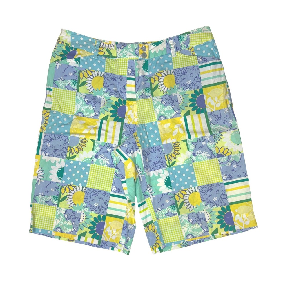 Lilly Pulitzer Vintage Patchwork Bermuda Shorts 4 Zoo Trophy Whimsical Blue